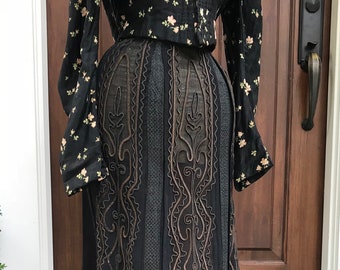 Antique Silk Crepe Black Skirt, Embroidered Brocade, Mourning Clothing, Early 1900s