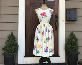 1940s French Cotton Dress, Floral Summer Dress, Sleeveless, Size Small