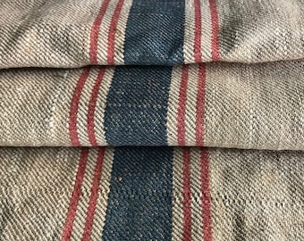 French Hemp Sack, Blue Red Stripe, Grain, Hessian Burlap Bag, Upholstery, Sewing Projects