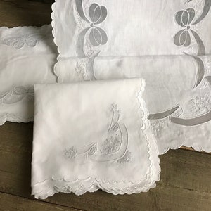 Madeira Organdy Linen Table Runner Placemats Dinner Napkins Set, Floral Appliqué Embroidery Design Decorative Table Linens