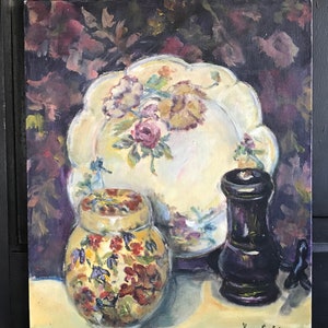 French Oil Painting, Floral Chinoiserie Faïence Still Life, Unframed, Oil on Board, Signed image 1