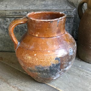 Antique Pottery Jug, 19th C Terra Cotta Pot, Earthenware, Redware, Partial Slip Glaze, Rustic Farmhouse
