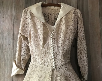 1950s Beaded Lace Wedding Dress, Set, Shoes, Mid Century Cocktail Dress, Hoop Skirt Slip, Retro Bride, Bridesmaid