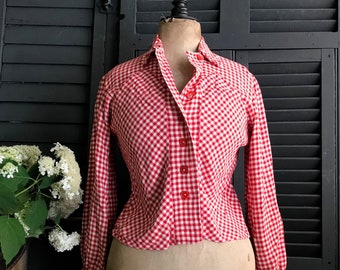 French Gingham Cotton Blouse, Red Check, Casual Blouse Shirt Top, Retro Casual Sportswear, 1950s Period Clothing