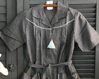 French Grey Marl House Coat, Chore Wear, Original Label, Unused Dead Stock, Pockets, Belted, French Farmhouse, Mid Century