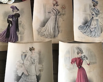 1911 Paris Fashion Prints, Chic Parisien Fashion Journal Anuncios, Carpeta de presentación dorada, Conjunto de 5