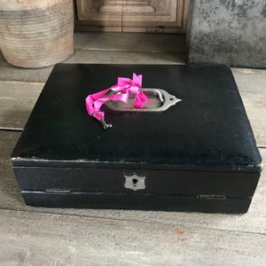 English Black Leather Writing Box, Slope, Blotter, Pen Case, Edwardian Travel Case, Original Key
