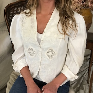 French White Linen Lace Blouse, Open Work, Embroidery, Cuffed Sleeves