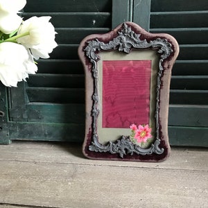 French Keepsake Picture Photo Frame, Velvet Metal Frame, Watered Silk, Floral Embroidery Appliqué image 1