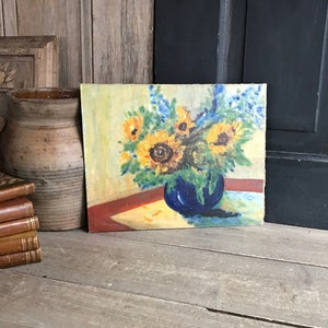 French Oil Painting, Sunflowers in Vase, Still Life, Unframed, Oil on Board, Signed, Colorful Floral Painting image 1