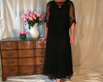 1920s Lace Flapper Dress, Black Floral Chantilly Lace, Black Glass Beads, Art Deco Rhinestone Pin, Formal Dress