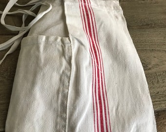 French Linen Apron, Red Stripe, Bakers, Chef, Chore Apron, Pocket, Waist Ties