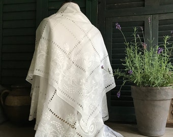 18th C French Fichu Wedding Shawl, Scarf, Arlesienne Hand Embroidery, Drawn Thread, Grapevine, Historical Collectors Textile