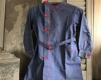 Algodón índigo desteñido francés para niños, ropa escolar, ropa de trabajo, vestido estilo pichi, ropa campestre, ropa de época