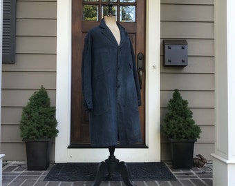 French Indigo Linen Chore Jacket, Paris Label, Duster, Biaude, Artist Smock, Homespun Linen, Peasant Work Chore Wear Farmhouse