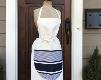 1 French Hemp Apron, Chef, Cook, Baker, Indigo Blue Stripe Ticking, French Farmhouse Cuisine, Front Pocket, Embroidered Monogram