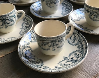1 Ironstone Coffee Cup Set, Espresso, Blue White, Saint Amand, Faïence, Guirland Pattern, Tea Stained