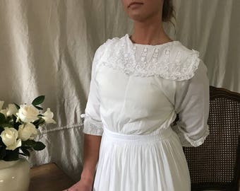 Edwardian White Cotton Lace Dress, Wedding, Broderie Anglaise, Summer Day Tea Sun Dress