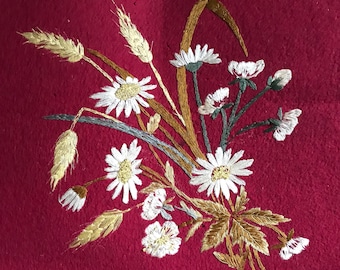 Antique Silk Embroidery Pillow Cover, Wool, Floral, Daisies, Wheat, Flowers, Craftsman, For Projects