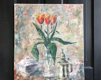 Pittura a olio francese, tulipani floreali in vaso, natura morta, senza cornice, olio su tavola, firmato, datato