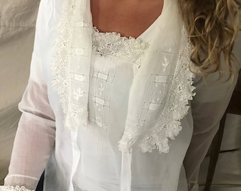 Antique Irish Lace Blouse, White Cotton Batiste, ca 1910s, Button Down Shirt