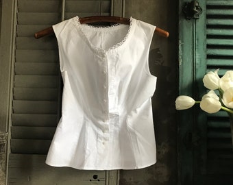 French White Linen Cache Corset, Camisole, Bodice, Summer Blouse, Small