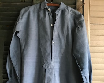 Franse Indigo linnen Chemise, Workwear Shirt, Kunstenaar Smock, Homespun Linnen, 19e eeuw Hand genaaid, Franse Chore Wear Boerderij Boerenkleding