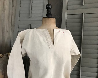 Rustykalna francuska bluza z konopi, koszula, halka, strój roboczy na wieś, z monogramem, w stylu francuskiej farmy