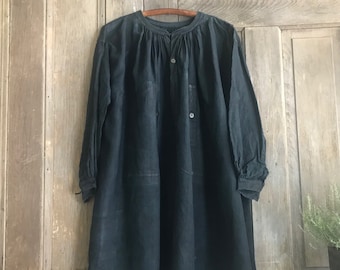 Antique French Handmade Indigo Blue Linen Biaude Smock One Size