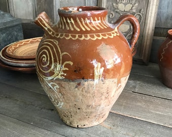 French Pottery Jug, Val de Saône, Cruche, Rustic Terracotta, Redware Green Slip Glaze, French Farmhouse, Farm Table, With Damage