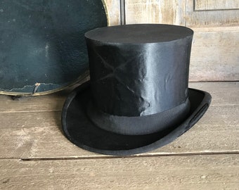 French Black Silk Top Hat, Original Box, Collapsible, Top Hat Display, Victorian, Edwardian, Period Clothing