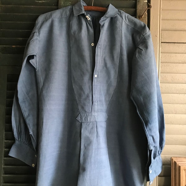 French Indigo Linen Chemise, Workwear Shirt, Artist Smock, Homespun Linen, 19th Century Hand Sewn, French Chore Wear Farmhouse Peasant Wear