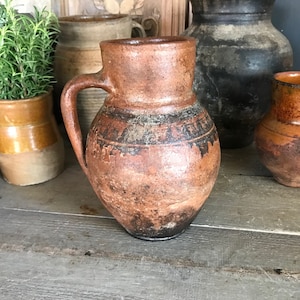 Antique Pottery Jug, Pitcher, Vase, Redware, Folk Art, Rustic Terra Cotta, Hand Thrown, Hand Painted, 19th C, Rustic Farmhouse, Farm Table image 1
