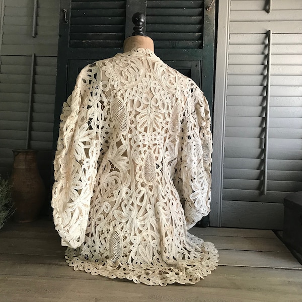 Edwardian Cream Lace Jacket, Wedding Ecru White Antique Bridal, Ribbon Lace Formal Attire