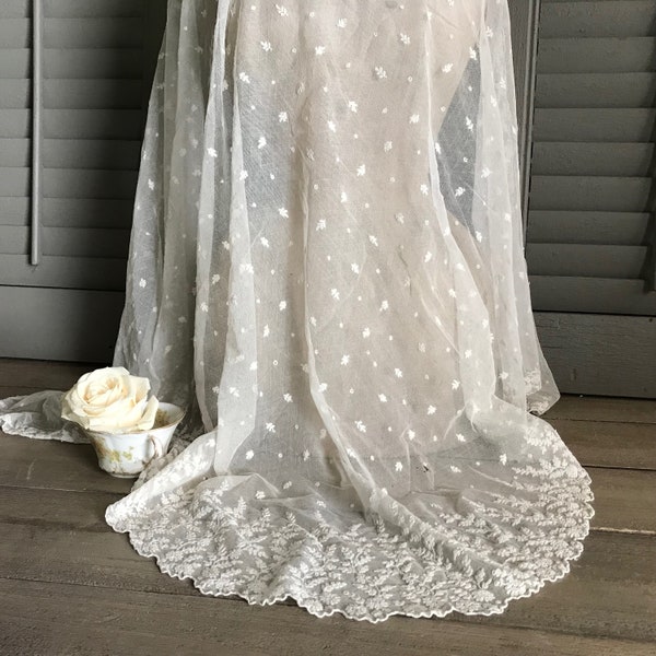 Antique Tulle Lace Wedding Veil, Embroidery, Shawl, Wedding Bridal Shawl, Oyster Cream