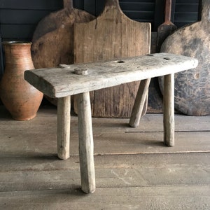 19th C Rustic French Wood Stool, Amazing Patina, Primitive Rustic Farmhouse