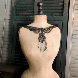 Antique Beaded Dress Appliqué, Accessory, Black tulle, Glass Beads, Restoration Project, Costume Design image 4