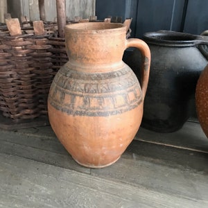 Antique Pottery Jug, Pitcher, Vase, Redware, Folk Art, Tribal, Rustic Terra Cotta, Handmade, 19th C, Rustic European Farmhouse, Farm Table image 1