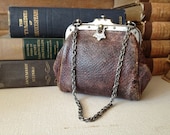 Antique French Leather Purse, Victorian Edwardian Era, Arts and Crafts Style Chestnut Brown Leather Handbag