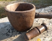 Rustic French Mortar and Pestle, Primitive Hand Hewn Wood with Unique Handle, French Farmhouse