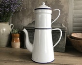 French Enamel Double Coffee Pot, Chippy White Blue Cafetière, French Farmhouse
