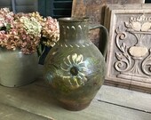 19th C French Pottery Jug, Floral Pattern, Redware, Slip Glazed Pottery Pitcher, Rustic French Farmhouse, Farm Table