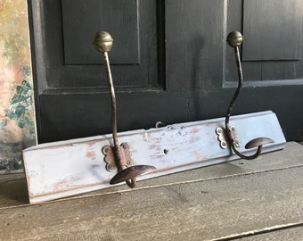 Antique Coat Hook Rack, Wood Metal Iron, Painted Grey, Hats, Hallway Rack
