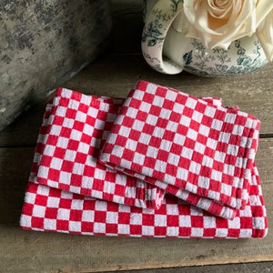 French Bistro Café Table Set, Red Check, Gingham, French Farmhouse Historical Textiles, Table Runner, Napkins, Set of 3 image 4