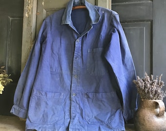 French Chore Jacket, Bordeaux Label, Blue de Travail, Cotton Twill, Garden, Farmhouse Peasant, Work Wear, Homesteading, Distressed