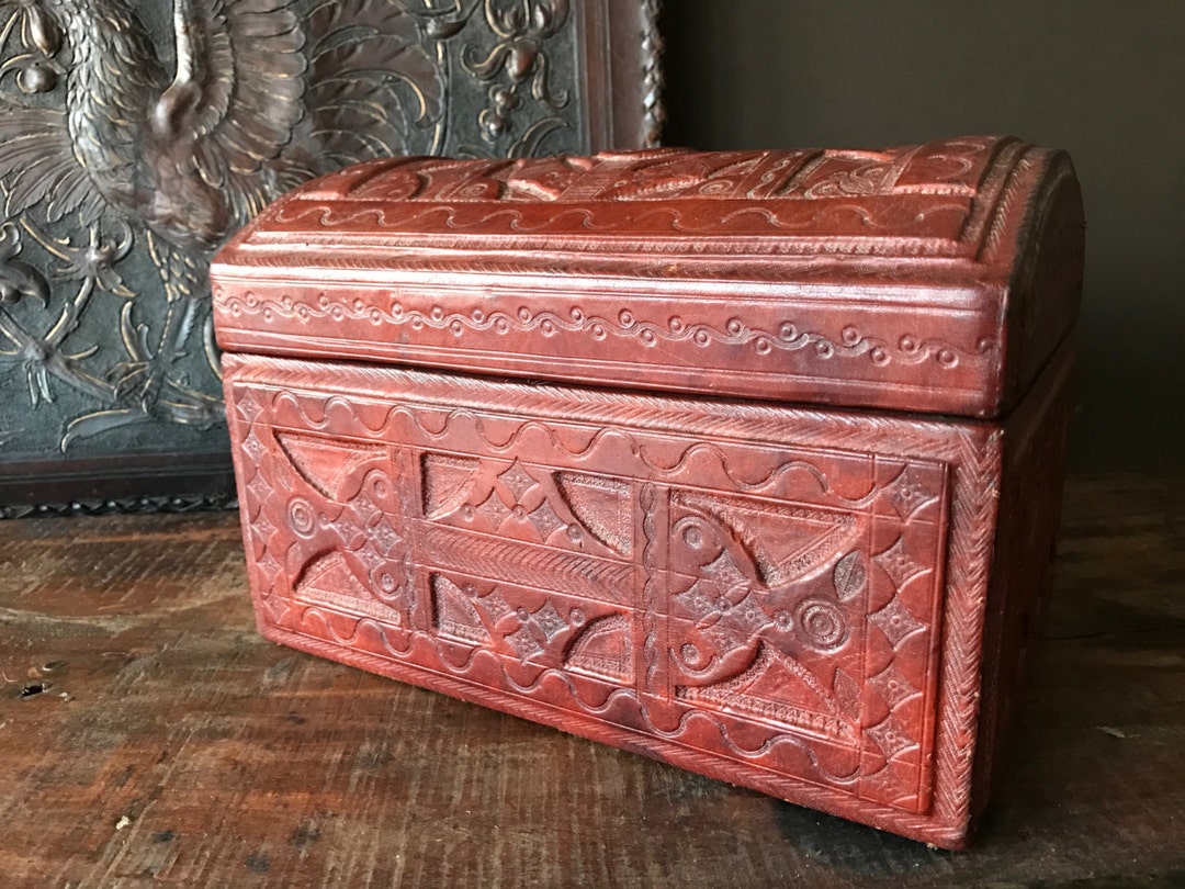 Embossed Leather Jewelry Box, Storage Case, Artisan, Aztec, Spain Etsy