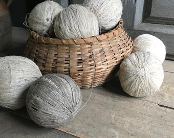 May include: A rustic, woven basket filled with several balls of yarn. The yarn balls are various shades of gray and off-white. The basket sits on a weathered wooden surface, creating a vintage aesthetic.