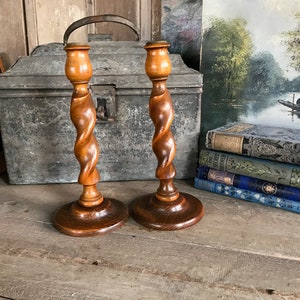 English Oak Barley Twist Candlesticks, 9 inch, Rustic Wood Candle Holders, Edwardian Era, Pair, Set of 2 image 7