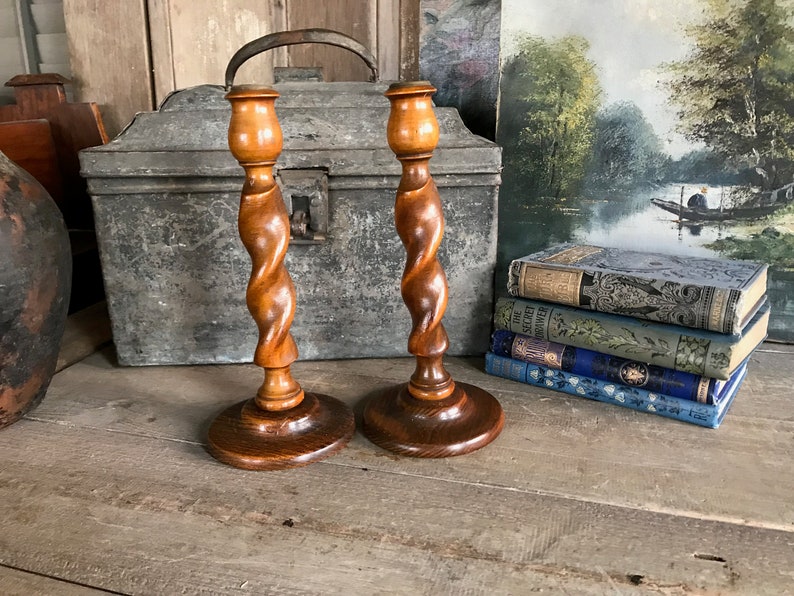 English Oak Barley Twist Candlesticks, 9 inch, Rustic Wood Candle Holders, Edwardian Era, Pair, Set of 2 image 7