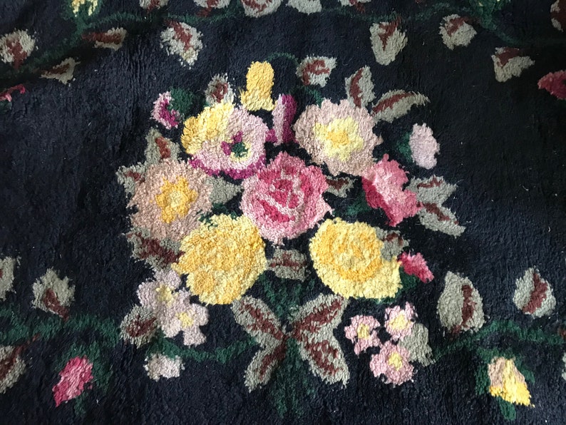 Folk Art Hooked Rug, Artisan Hand Hooked Rug, Floral Roses, Americana, Restoration Project image 1